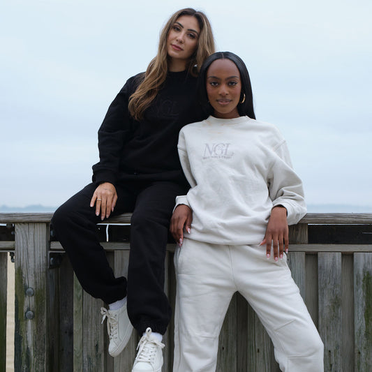 models wearing black and stone cotton crewneck and joggers - Nice Girls Label