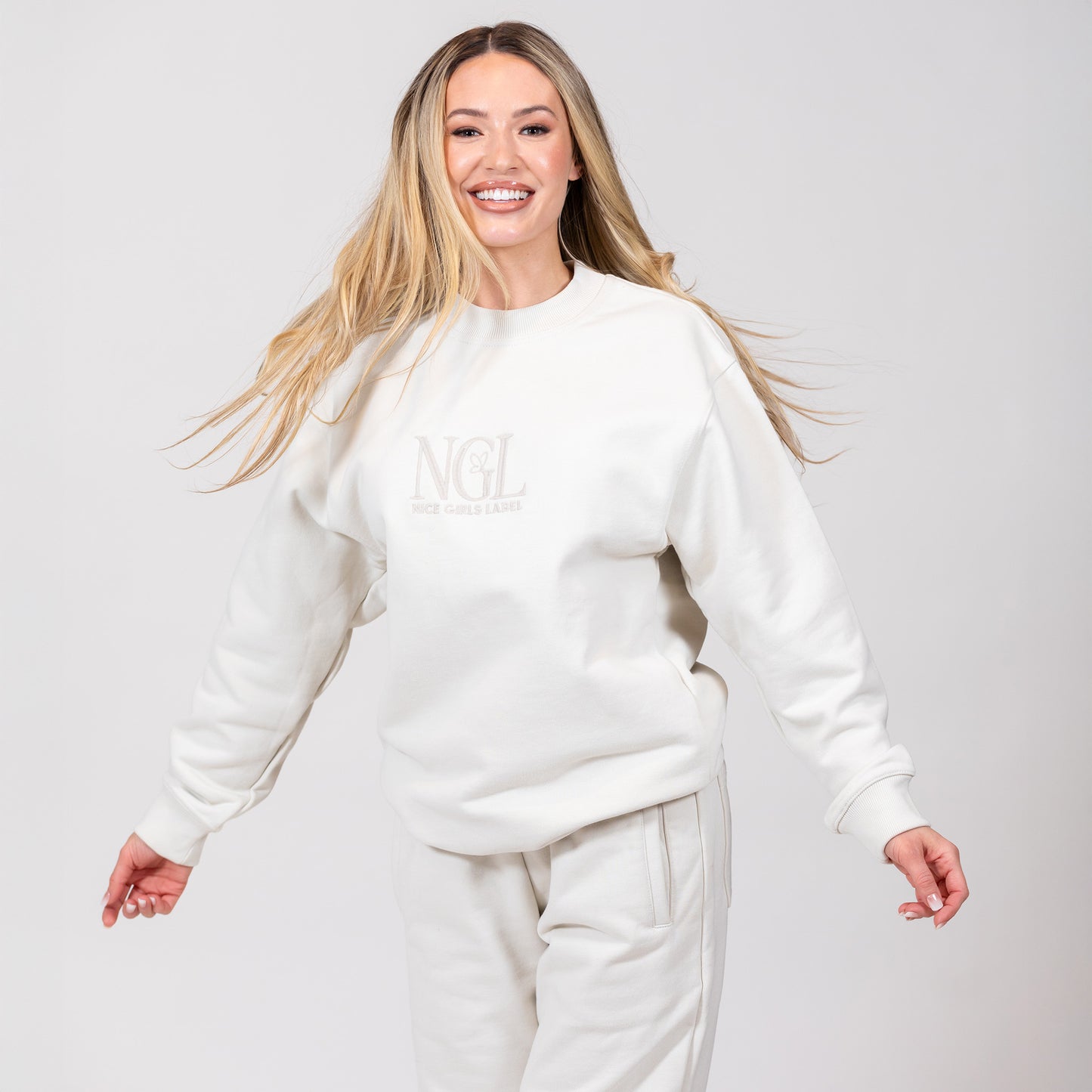 model wearing stone cotton crewneck sweatshirt- Nice Girls Label