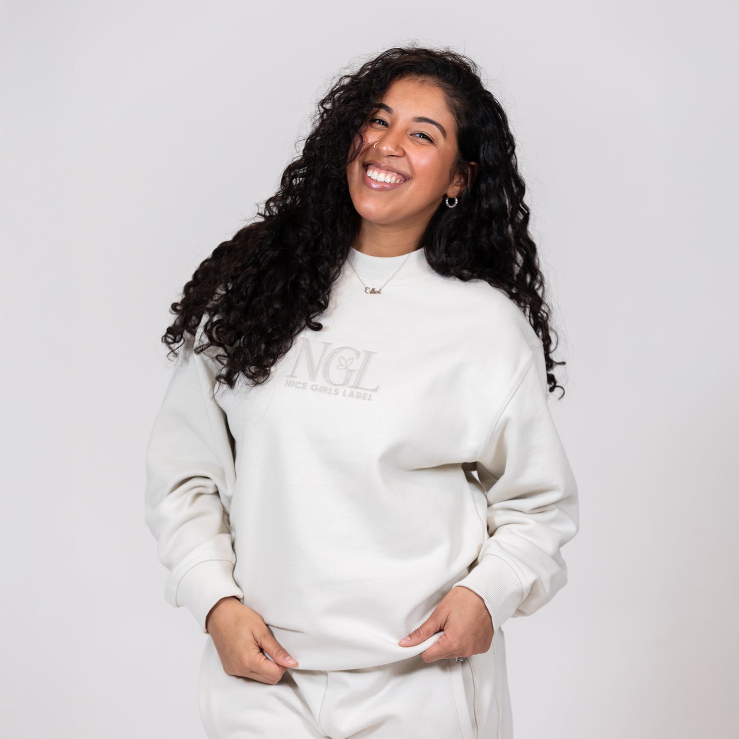 model wearing stone cotton crewneck sweatshirt in medium - Nice Girls Label