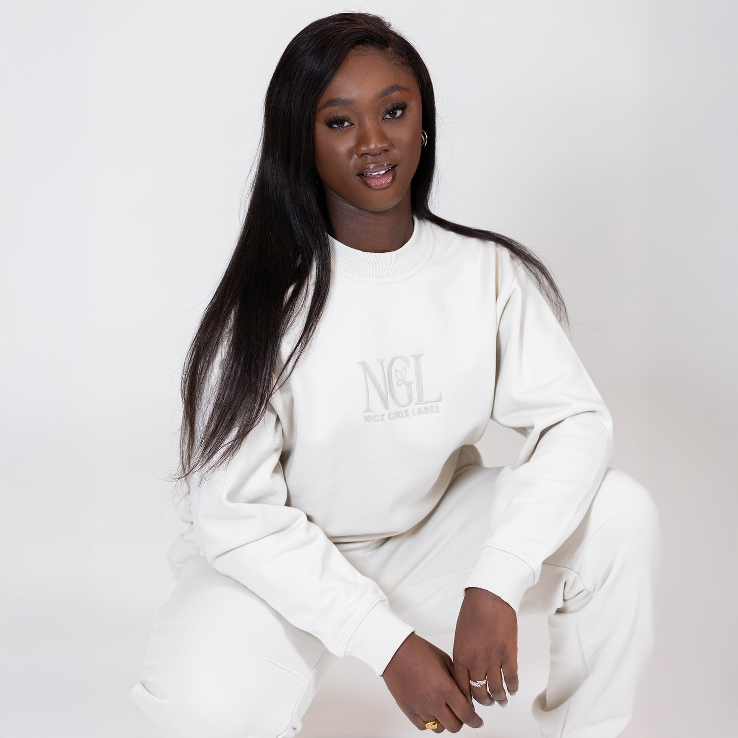 model wearing stone cotton crewneck sweatshirt in large - Nice Girls Label