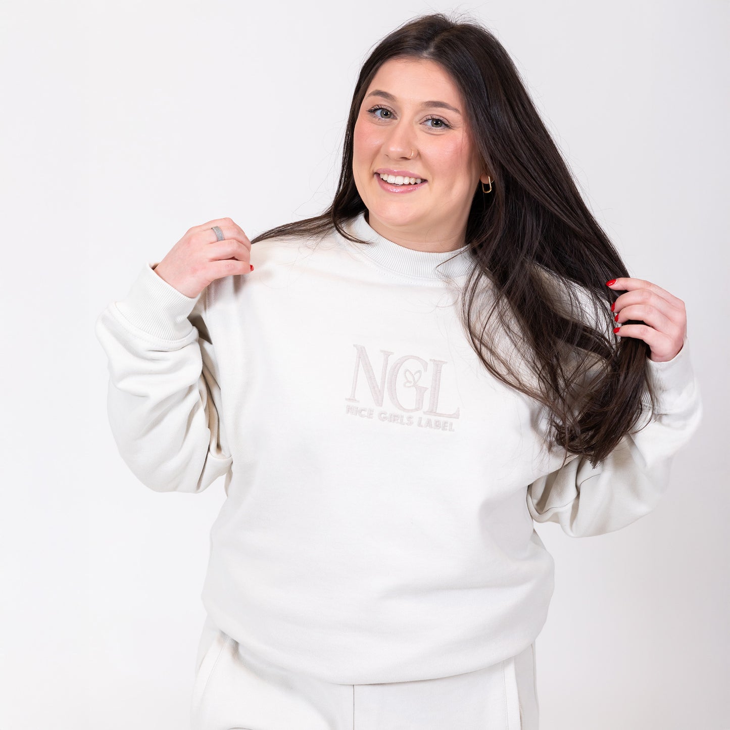 model wearing stone cotton crewneck sweatshirt- Nice Girls Label