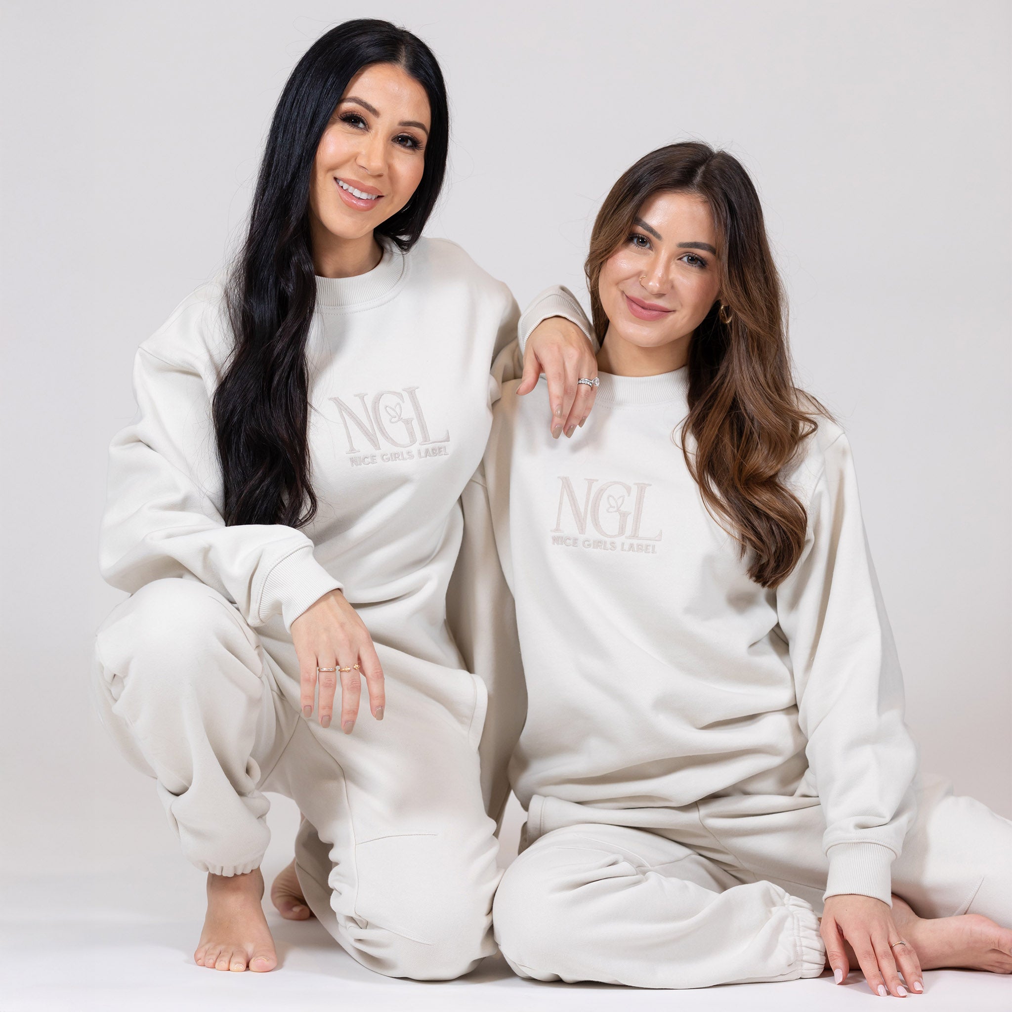 founders of Nice Girls Label wearing the stone crewneck and jogger set