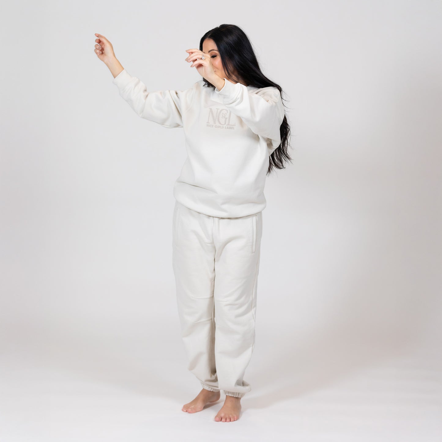 model wearing stone heavyweight crewneck and joggers in small – Nice Girls Label
