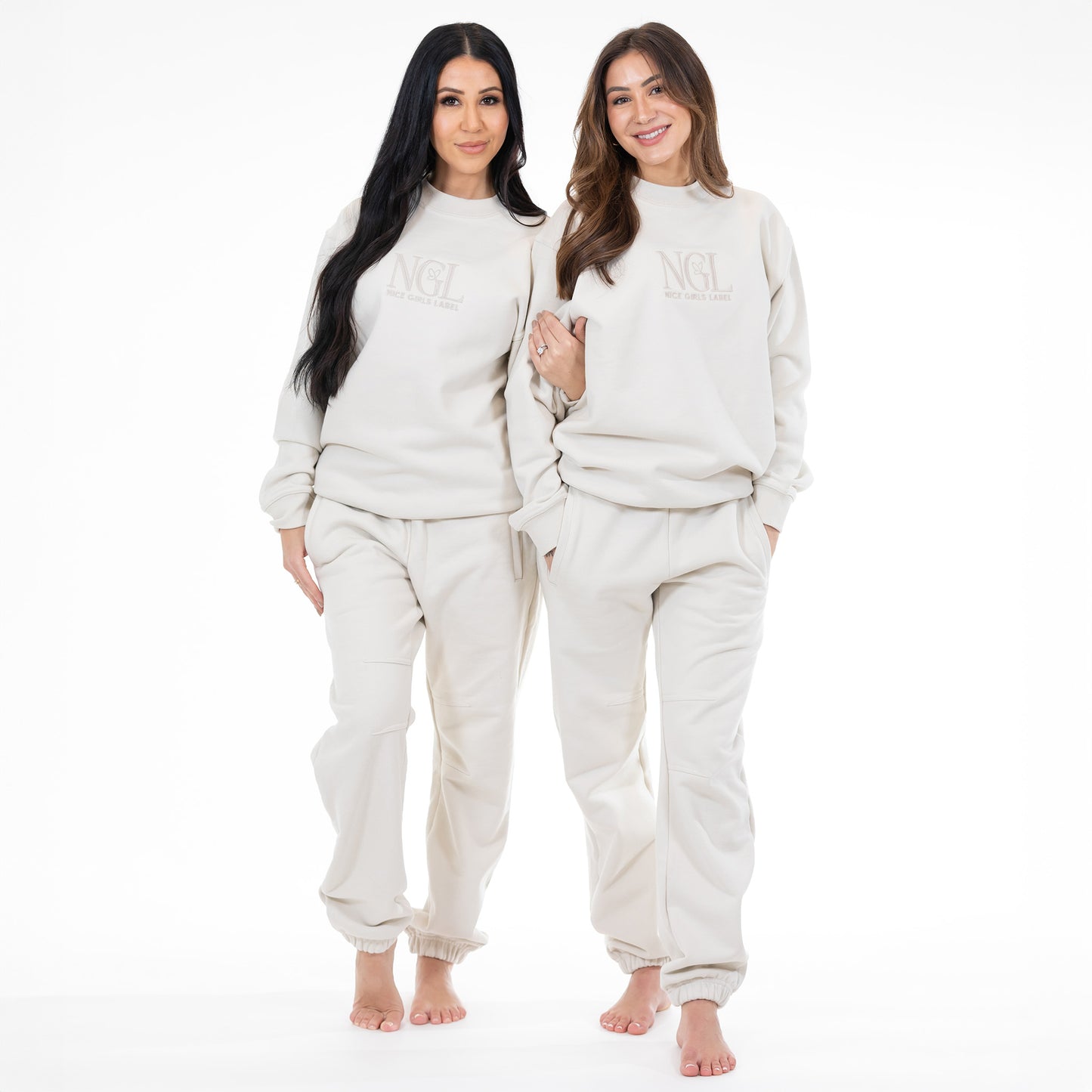women founders wearing stone crewneck and jogger set – Nice Girls Label