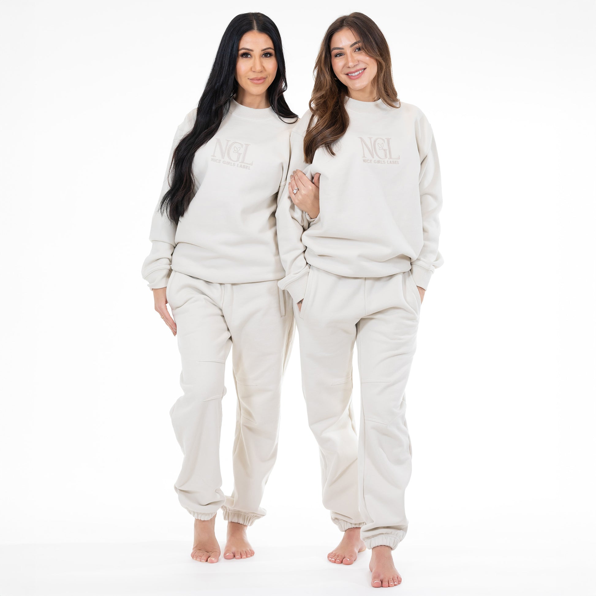 women founders wearing stone crewneck and jogger set – Nice Girls Label